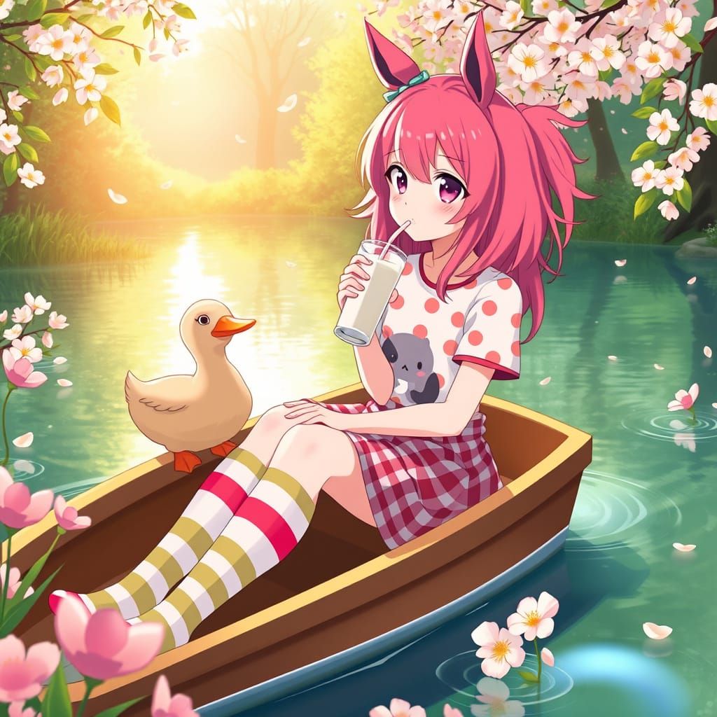 Vibrant Anime Girl Sits in Serene Boat with Cute Horse Ears ...
