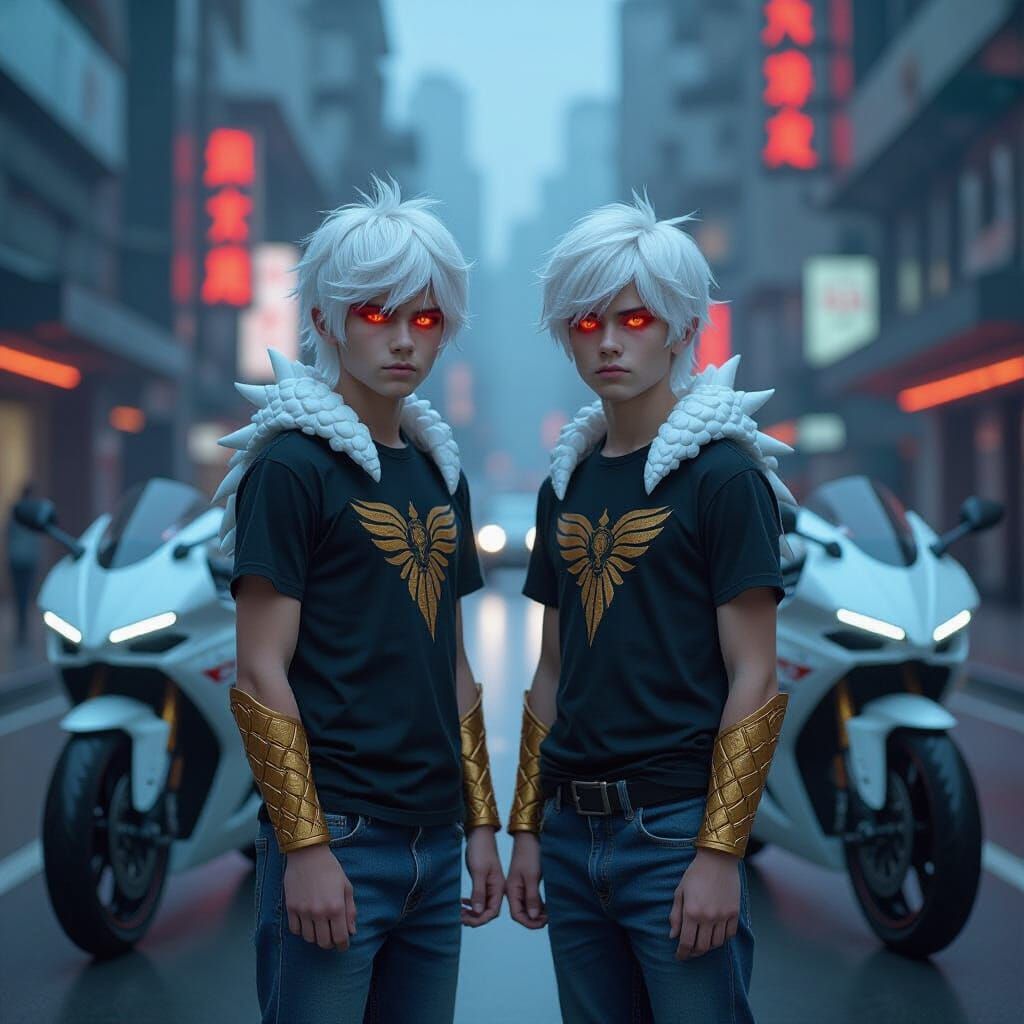 Warrior Twins in Glowing Cityscape: Cinematic Film Still