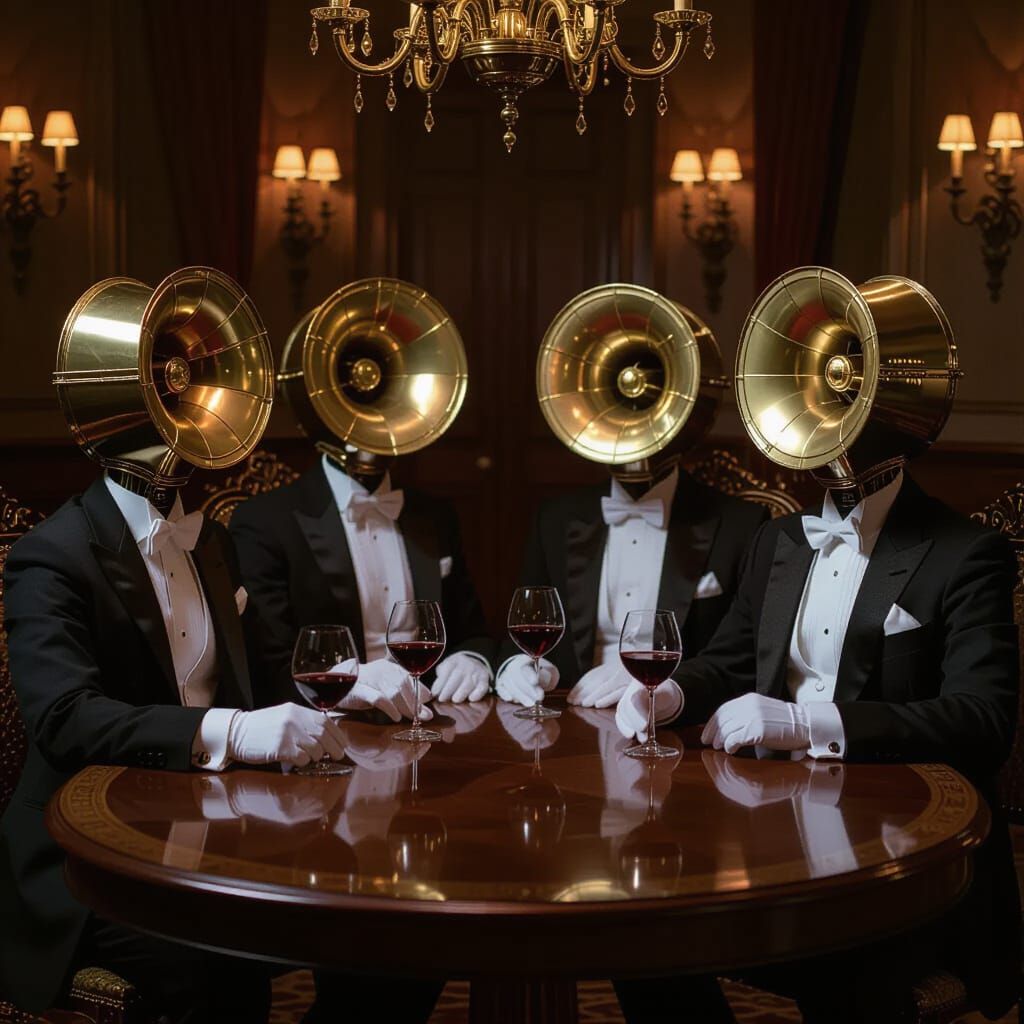 Gramophone-Headed Figures in a Surreal Setting