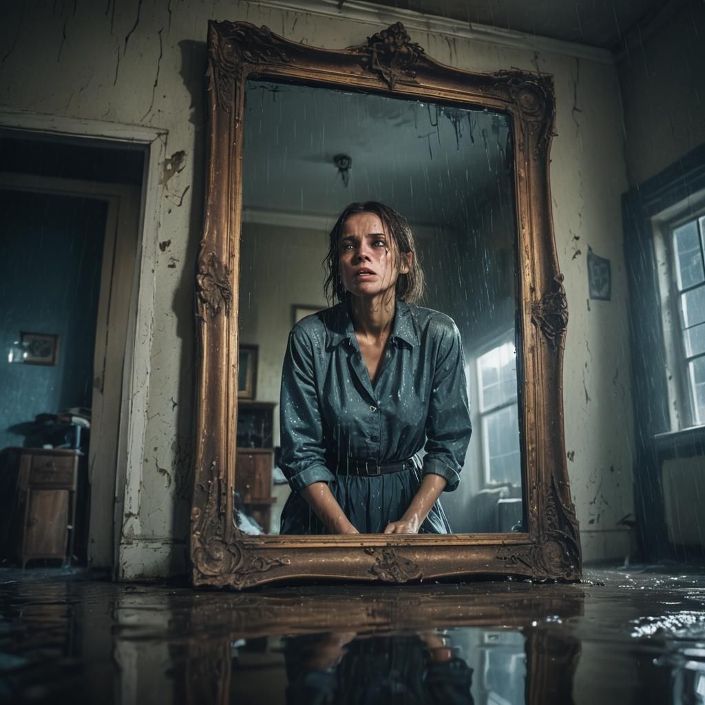 Frightened Woman Trapped in Mirror, Surreal Dark Fantasy