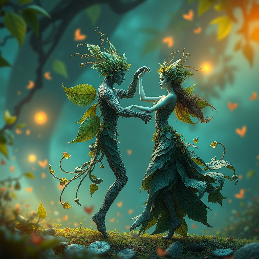 Leaf People Dance in Dreamlike Fantasy Landscape