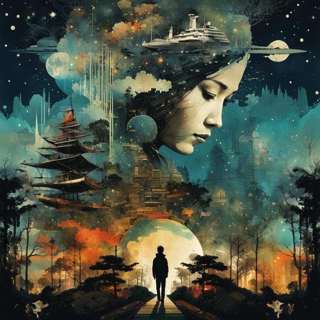 Surreal Tiger Silhouette Amidst Vibrant Galaxy and Cityscape