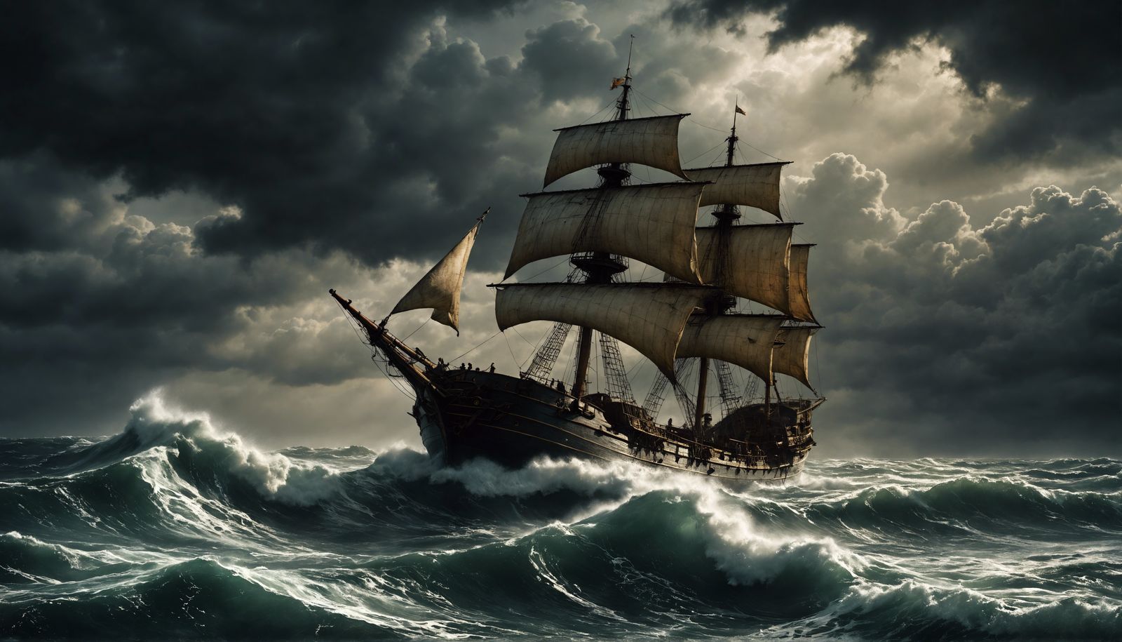 Ship Battling Storm at Sea in Rembrandt Style