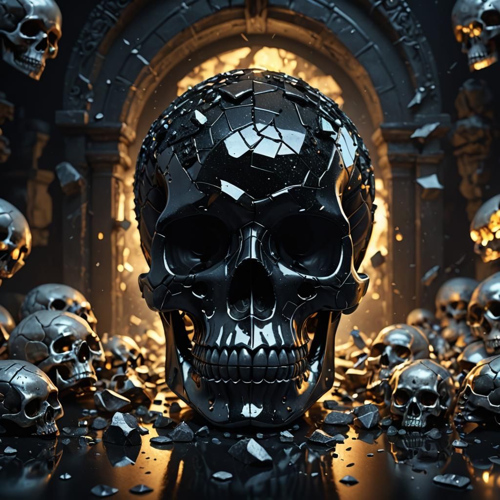 Black Glass Skull Sculpture in Twilight