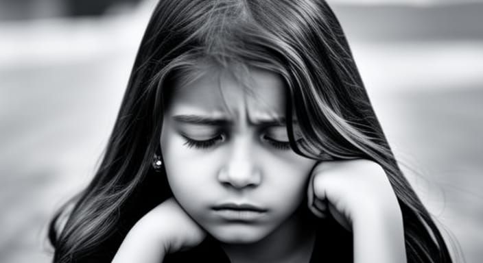 Sad Girl Crying on Sidewalk in Black and White