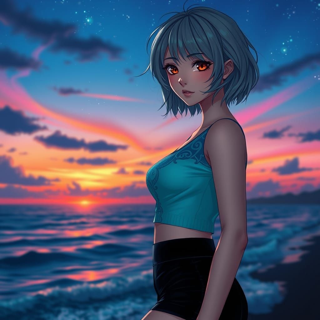 Anime Woman Silhouetted Against Ocean Sunset