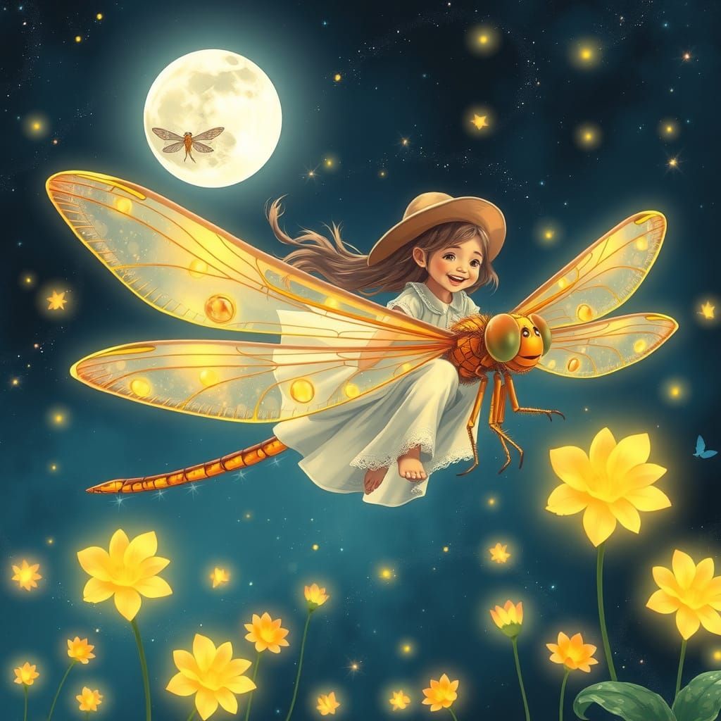 Dreamlike Dragonfly Adventure in a Whimsical Night Sky