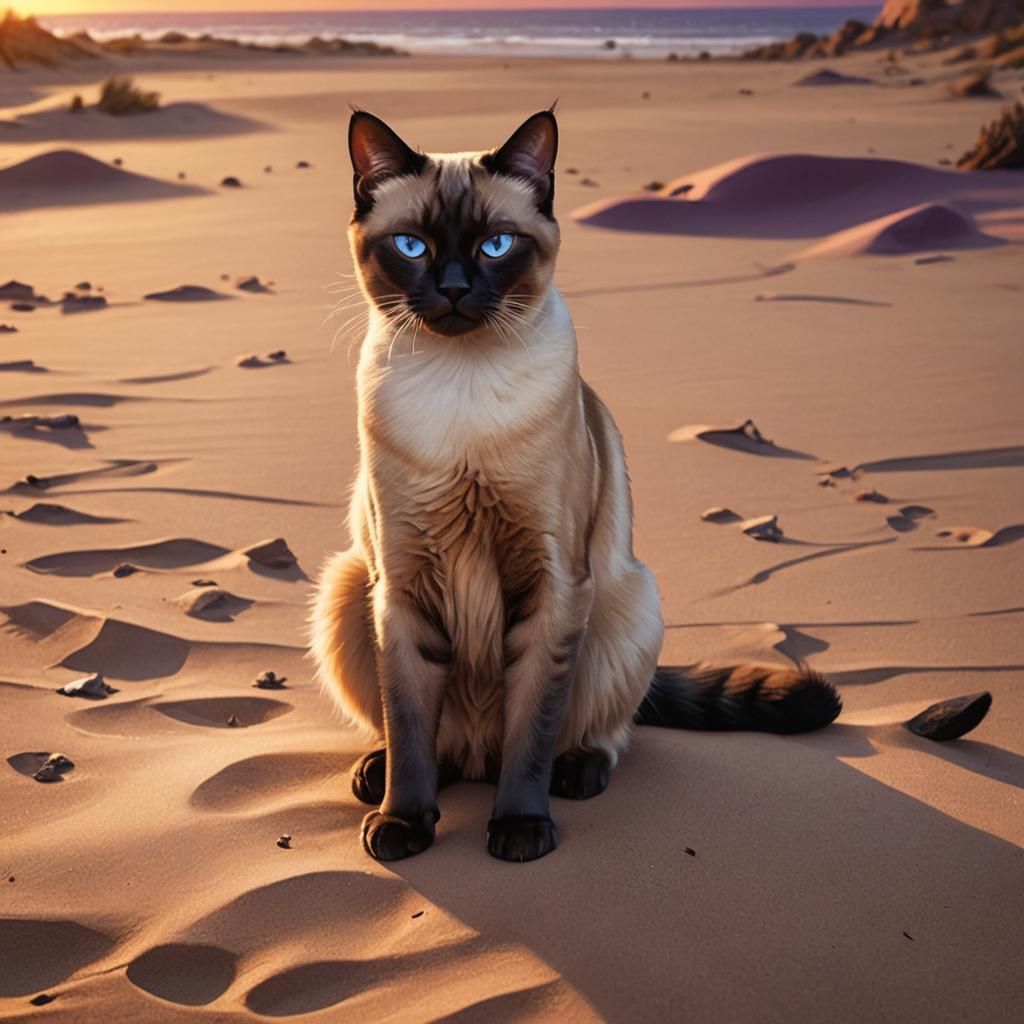 Grumpy Siamese Cat at Desert Sunset: Fantasy Art