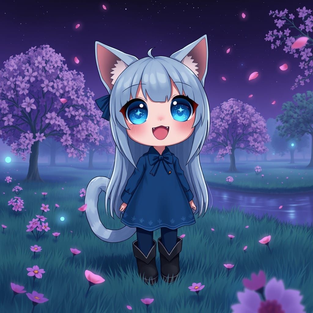 Adorable Catgirl in Synthwave Style at Night