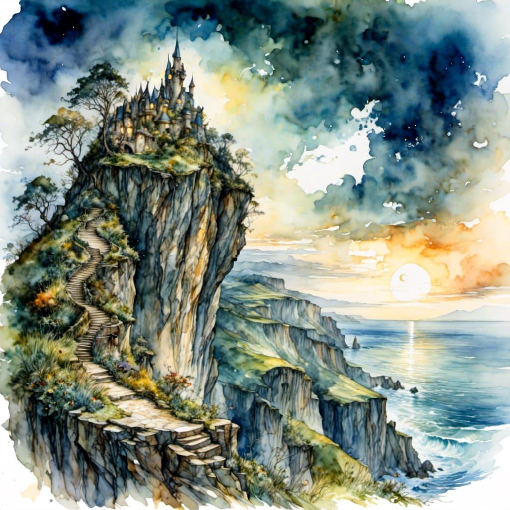 Ethereal Specter Overlooking Ocean as Watercolor Art