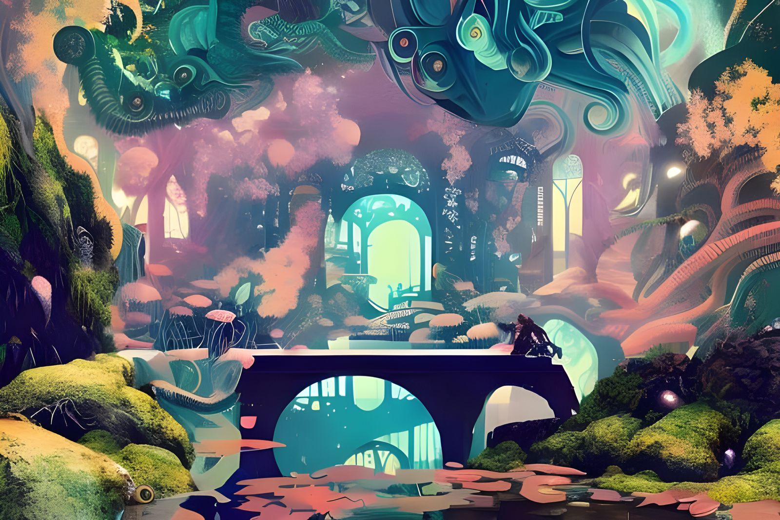 Eldritch Horror Waterscape with Ancient Bridge