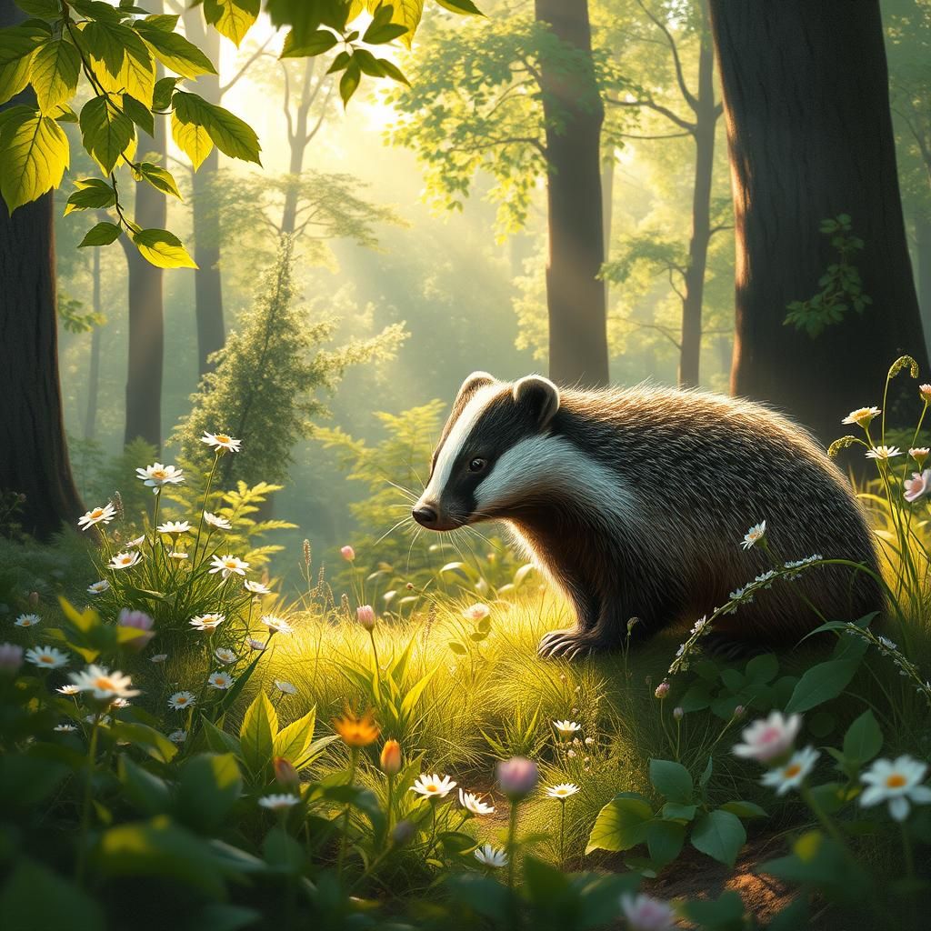 Badger in Sunlit Glade: Wildlife Painting