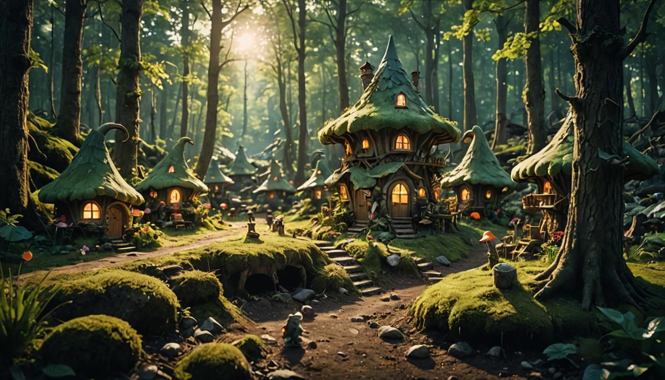 Enchanted Fairy Village in Forest, Cinematic Still