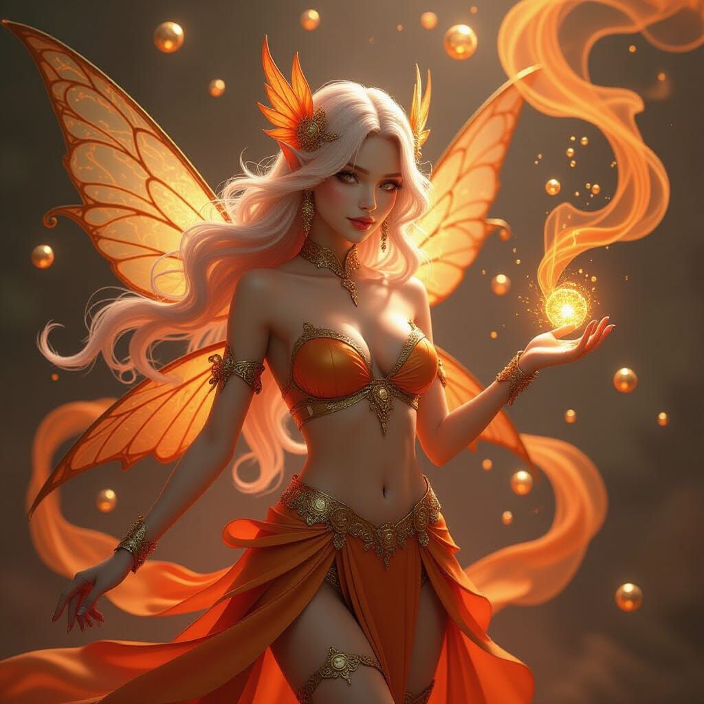 Intricate Fairy in Golden Light and Orange Smoke