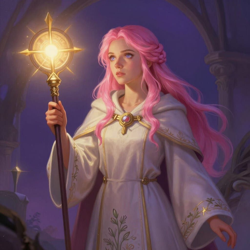 Human Cleric Thornberry Mary with Pink Hair in Fantasy Art S...