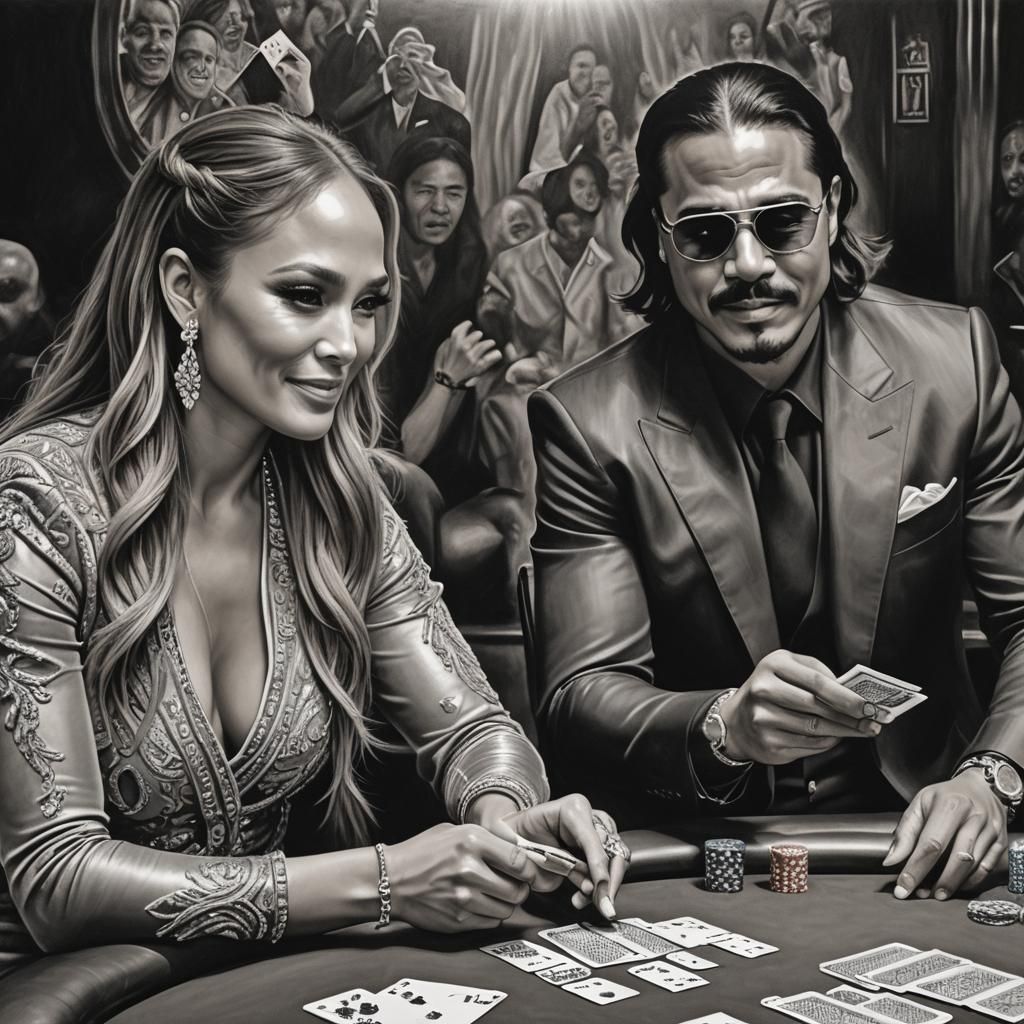 Salt Bae and Jennifer Lopez Poker Game Charcoal Drawing