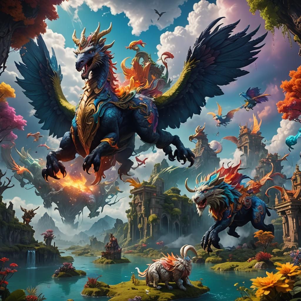 Mythical Creatures Roaming Cloudscape: Fantasy Concept Art