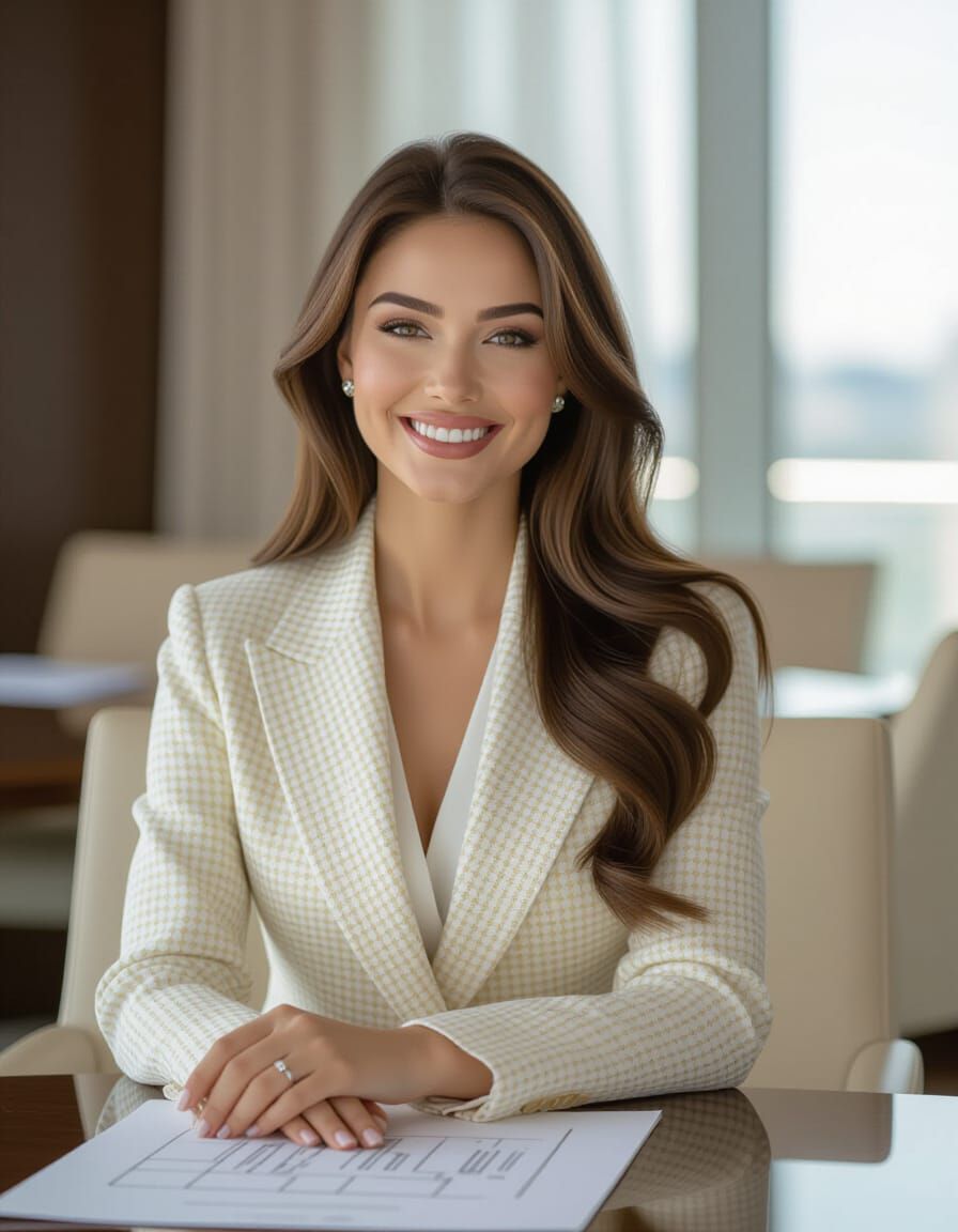 Gorgeous Russian Woman in Houndstooth Suit in Luxury Meeting...