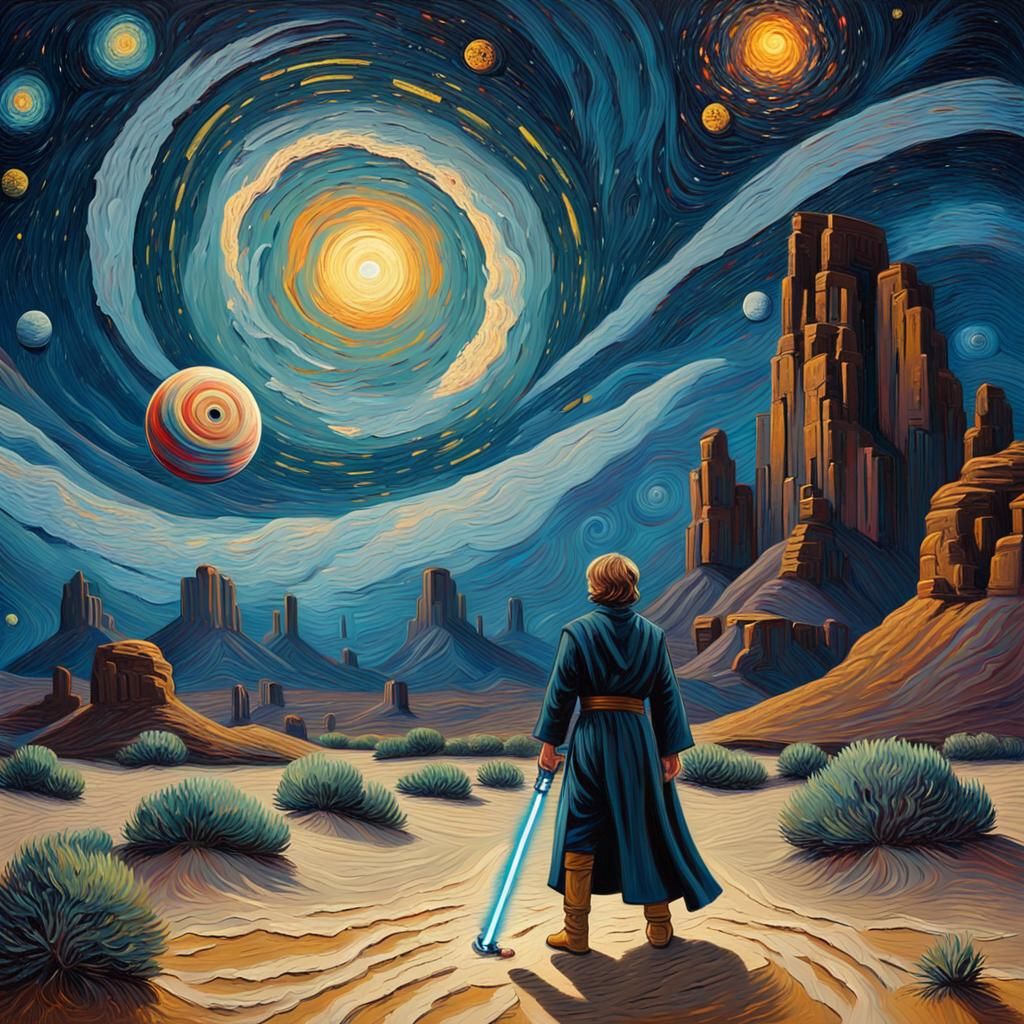 Luke Skywalker in Starry Night Desert, Impasto Painting