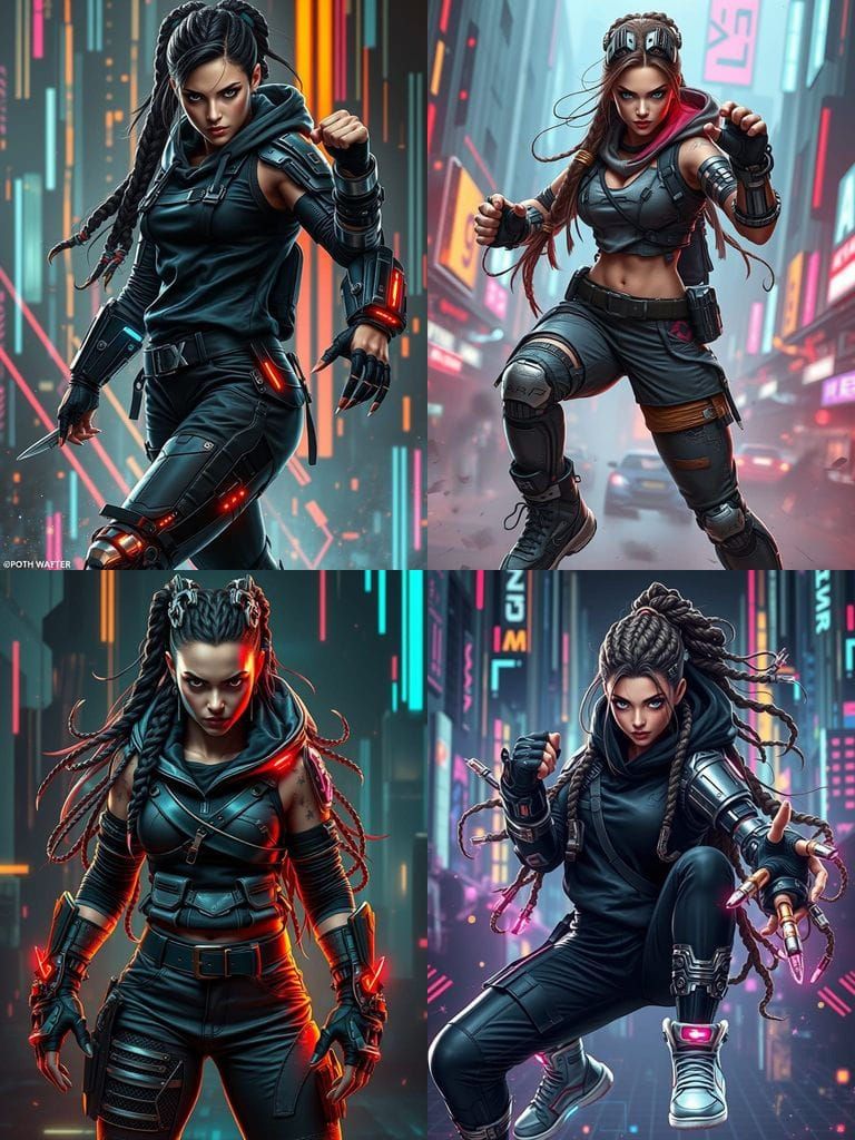 Cyberpunk Female Warrior in Action-Ready Stance