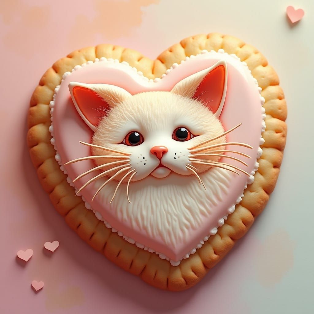 Surreal Heart-Shaped Cookie with Realistic Cat Design