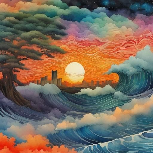 Watercolor Dragon Over Shanghai's Skyline