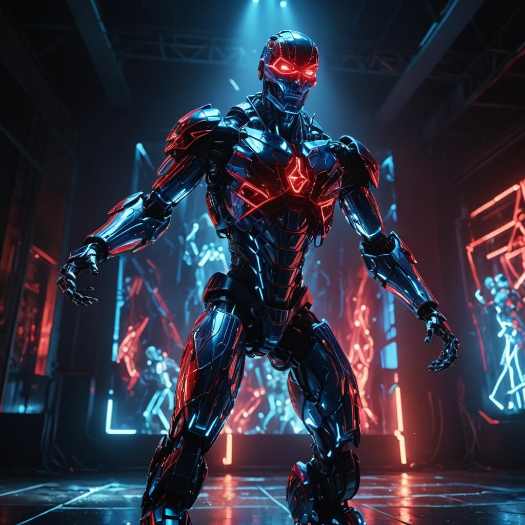 Rock Band Performance Inside Glowing Glass Humanoid