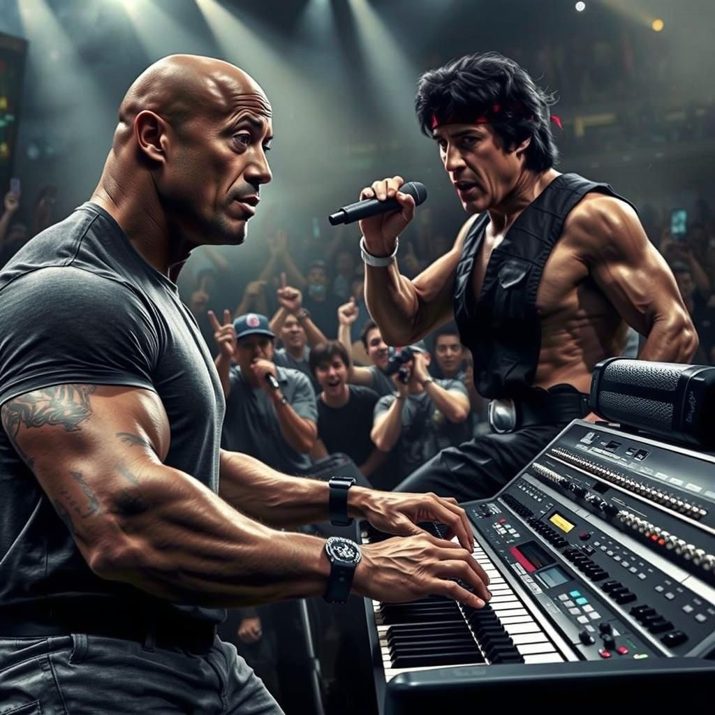 "Rock Music" - The Rock and Rocky Balboa in a rock band.
