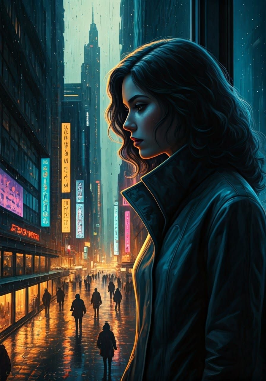 Woman Contemplates Futuristic Cityscape Through Rain-Soaked ...