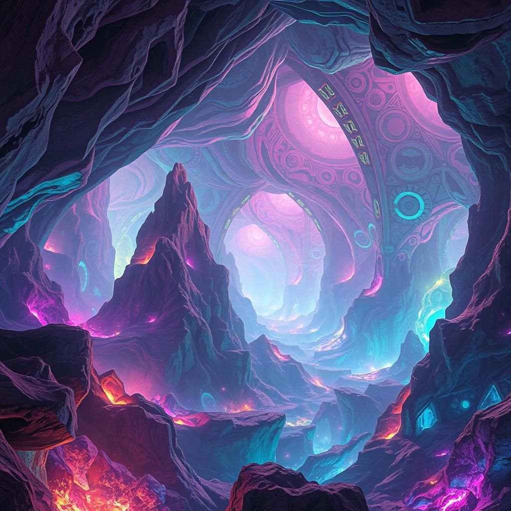 Iridescent Alien Caverns: Bioluminescent Fantasy Art