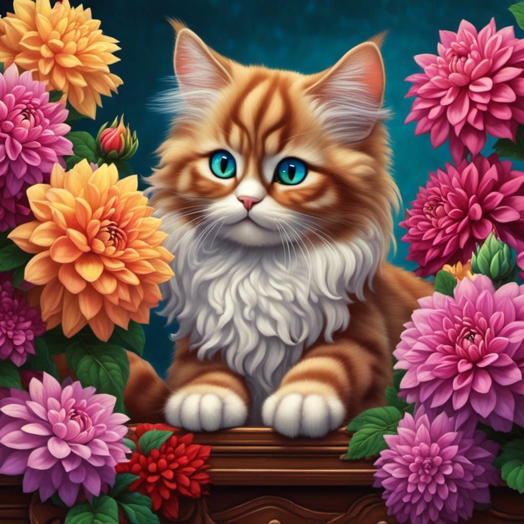 Cartoon Cat with Dahlias Paper Postcard