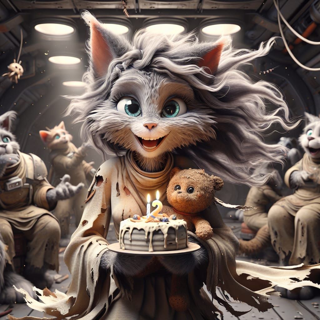 Joyful Cat Celebrates in Spaceship Mess Hall