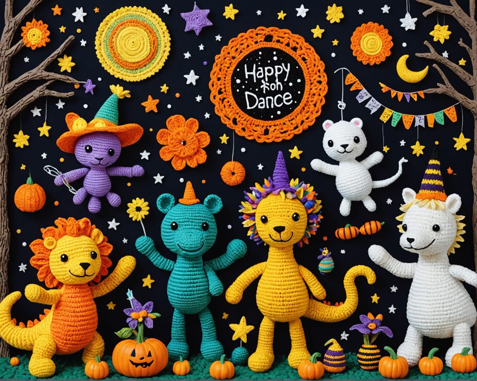 Whimsical Halloween Dance in Scandinavian Folk Art Style