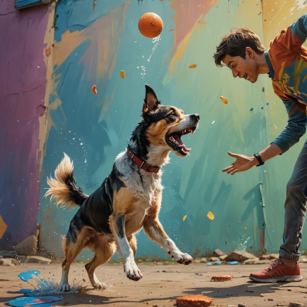 Boy and Dog Play Frisbee: Hyperrealistic Splash Art