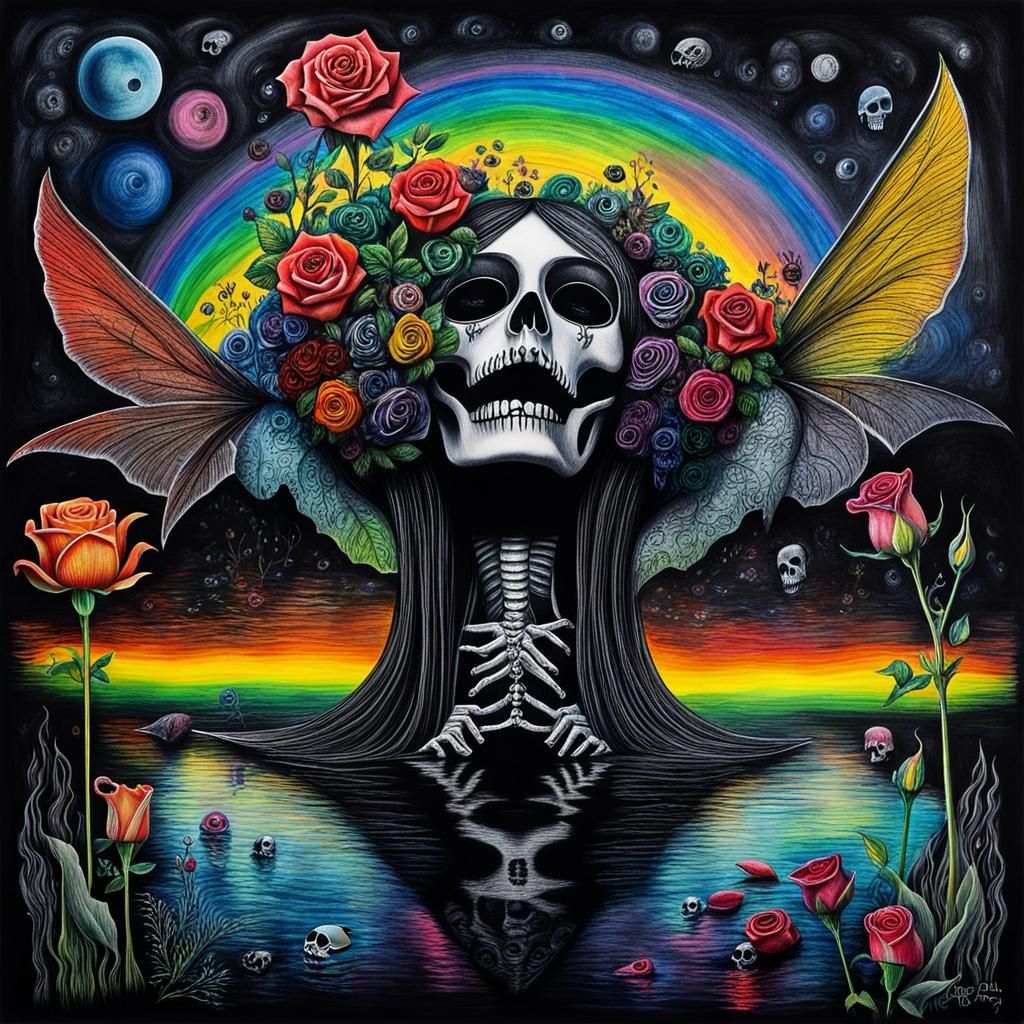 Surreal Crayon Drawing: Goth Woman in Darkness