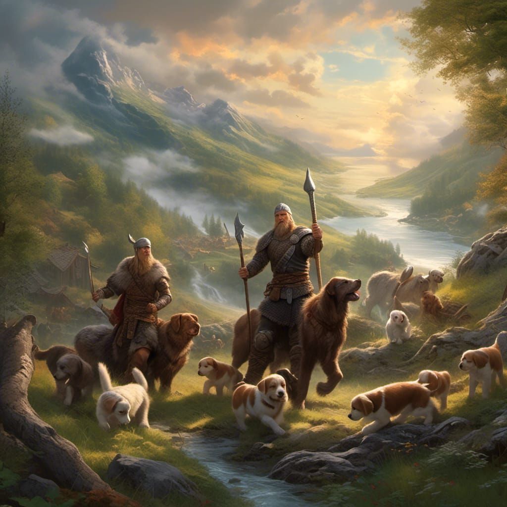 Brave Vikings playing with Beagle puppies, Beautiful Nordic ...
