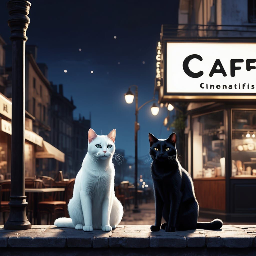 Black and White Cats on Night Cafe Sign