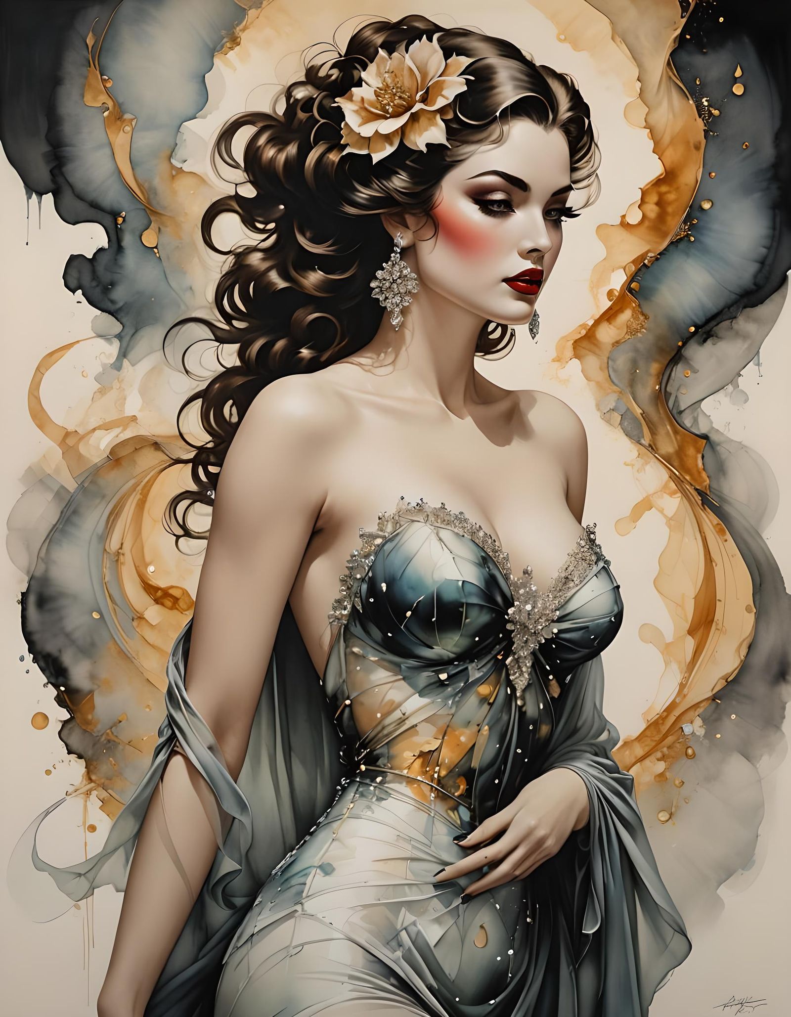 Sensual Woman in Diaphanous Gossamer, Alcohol Ink Painting