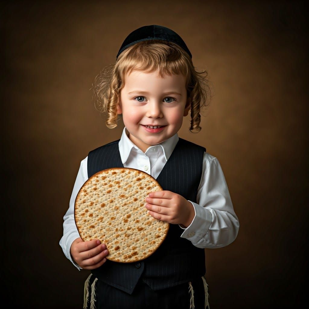 Cherubic Haredi Boy with Kippah and Matzah in Cinematic Ligh...