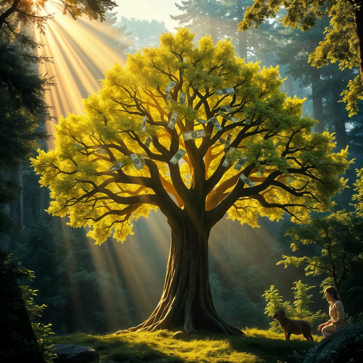 Money Tree in Whimsical Forest with Golden Leaves