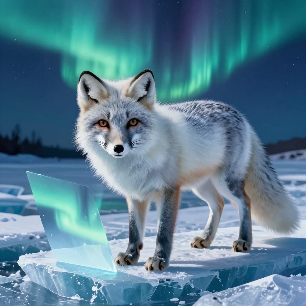 Arctic Fox on Ice with Stylized Aurora Borealis