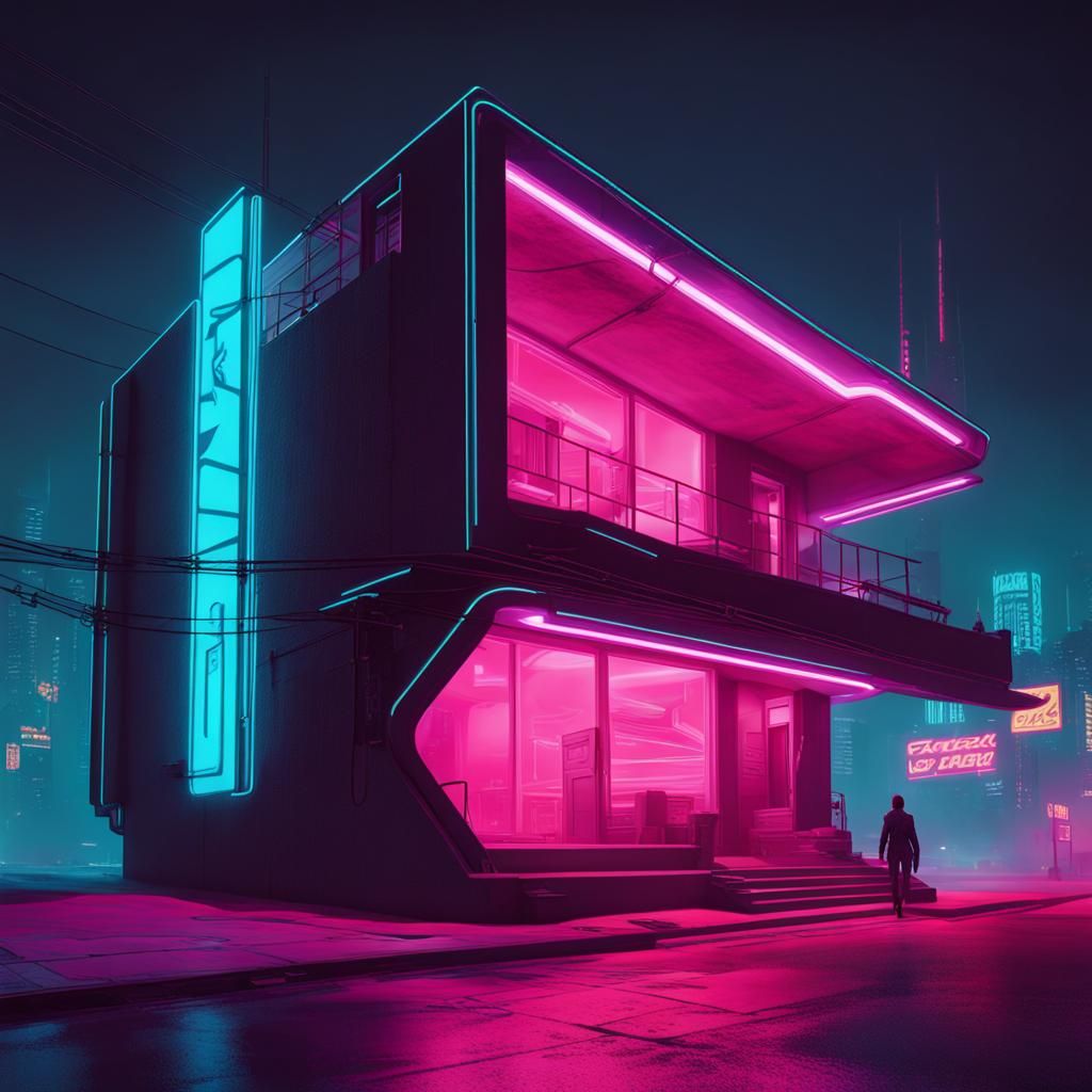 Cyberpunk House in Neon-Lit Futuristic City