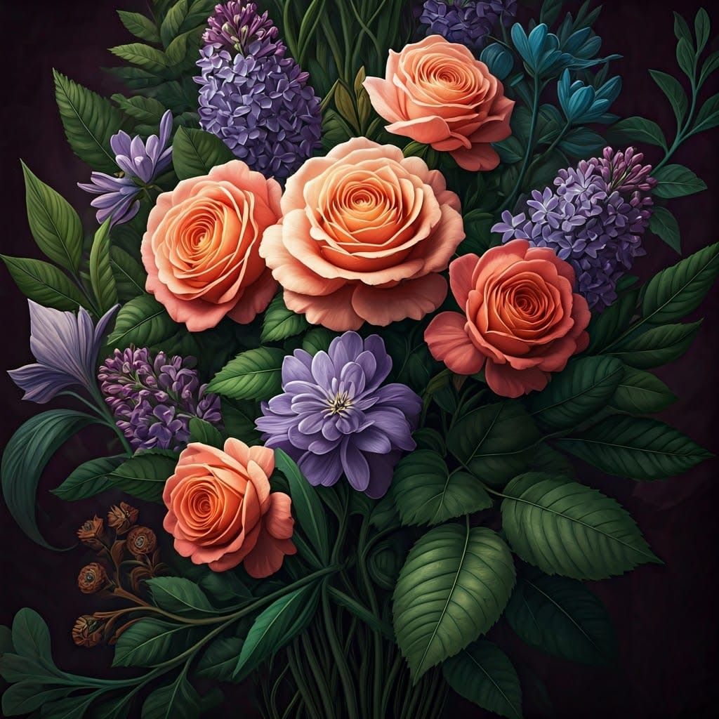 Detailed Matte Painting of Roses and Lilacs
