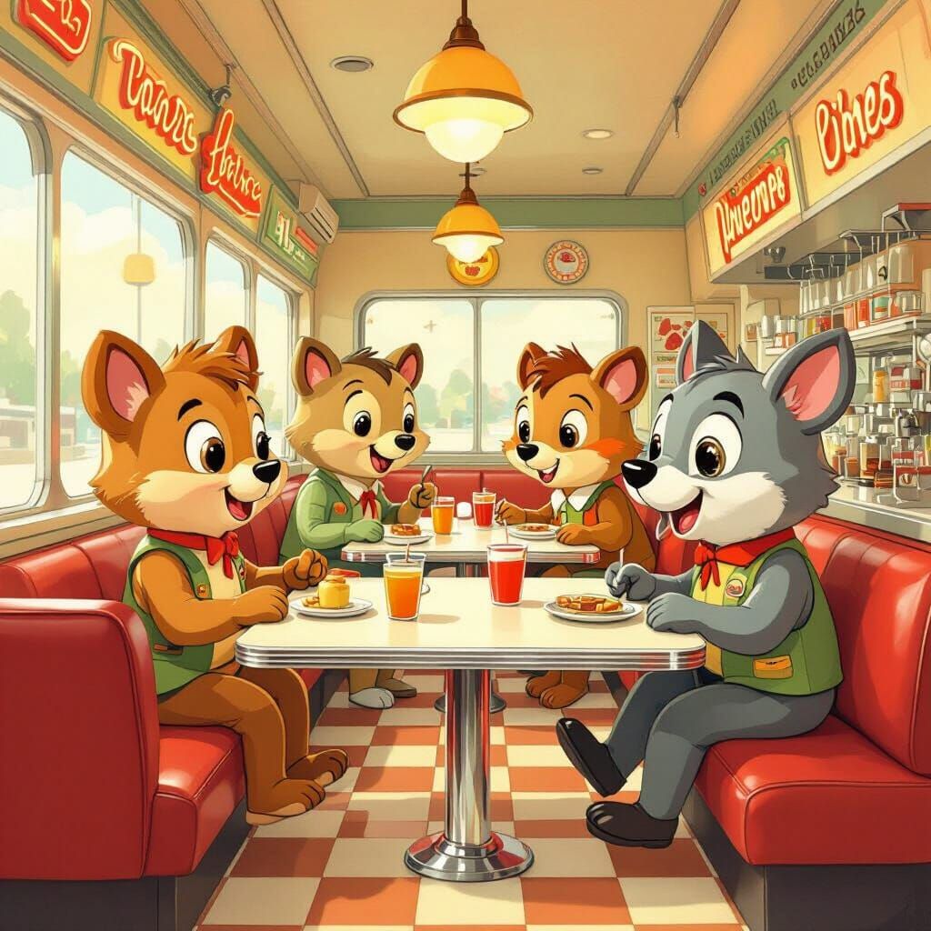 Retro Diner Scene with Anthropomorphic Animals in 70s Style