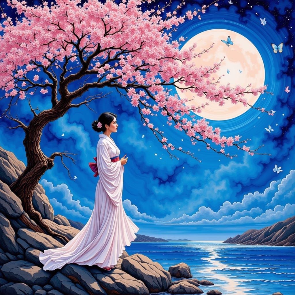 Japanese Landscape with Bioluminescent Butterflies, Alcohol ...