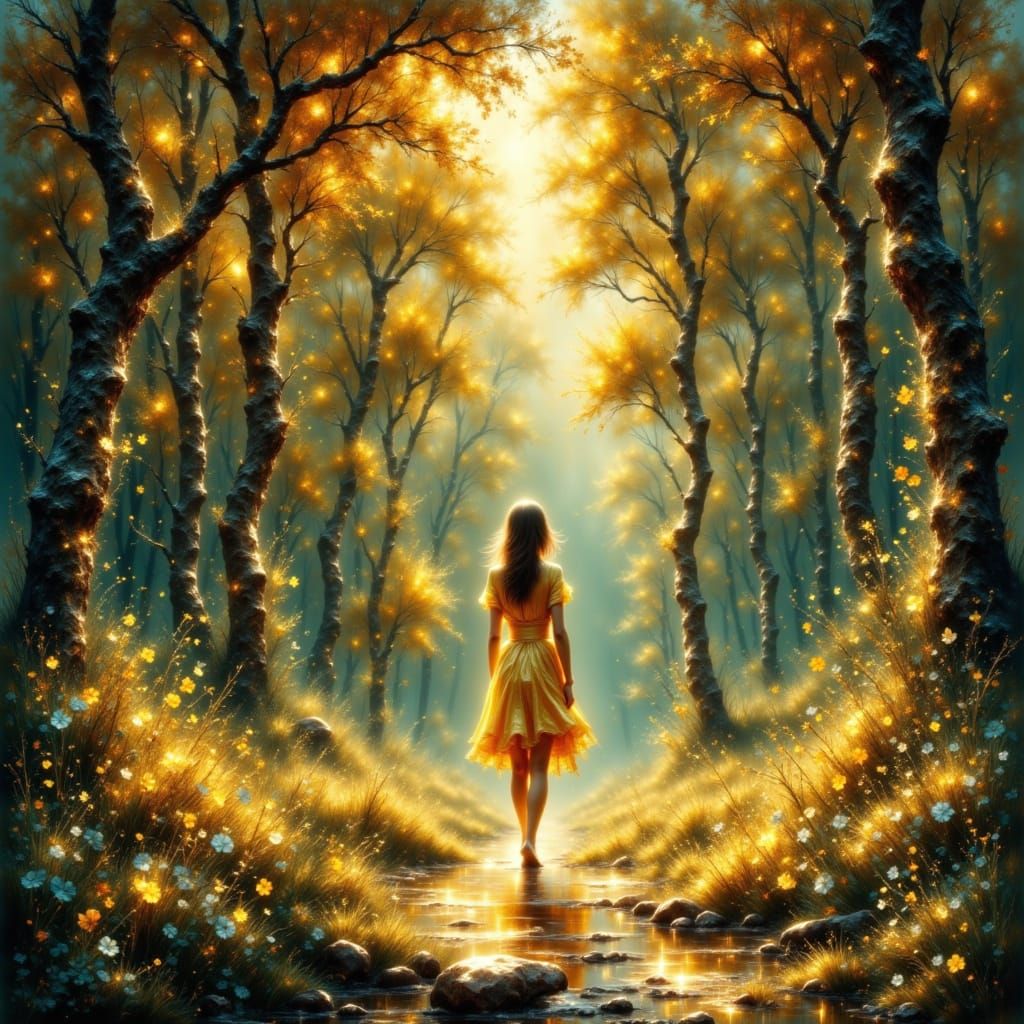 Enchanted Garden: Woman Walking Amidst Dancing Leaves