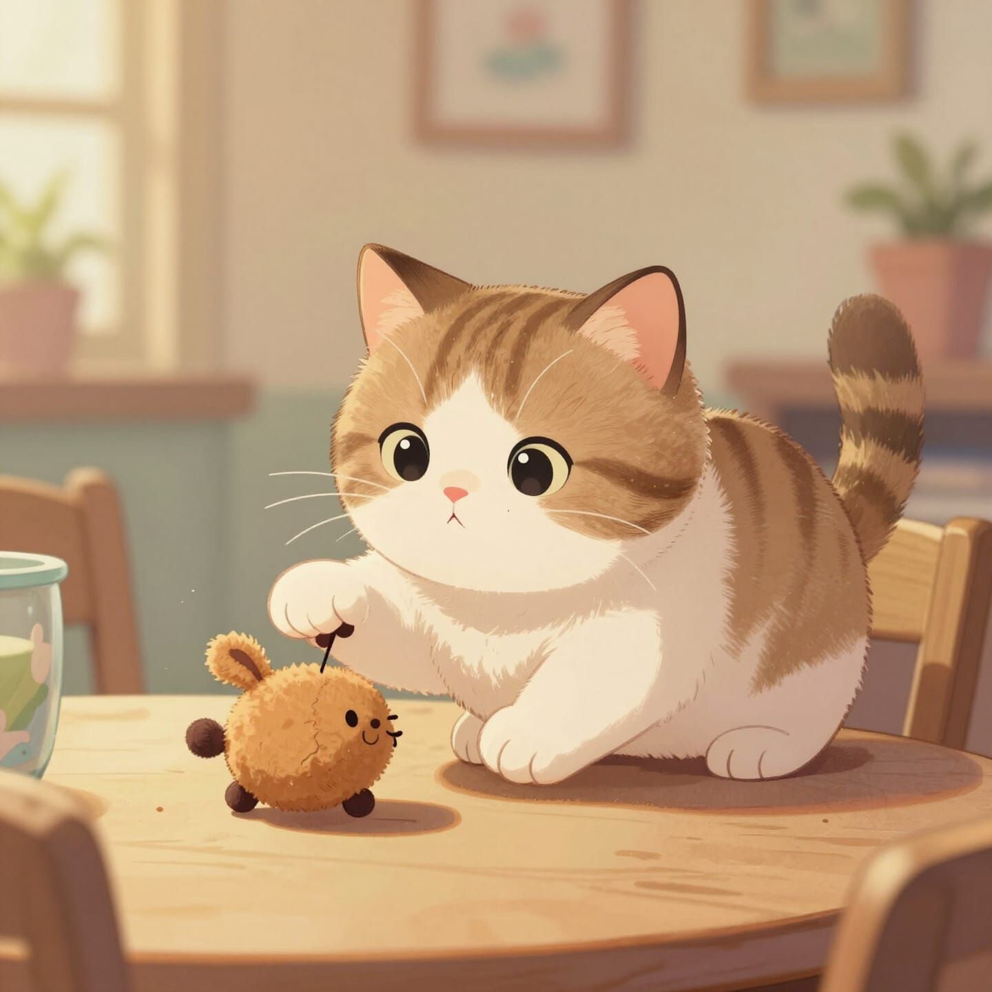 Cute Round Cat Plays with Toy in Cozy Room