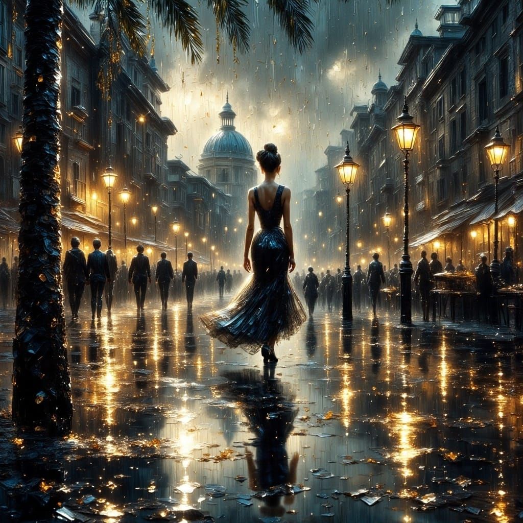 Woman Walking in Rainy Palma de Mallorca Street