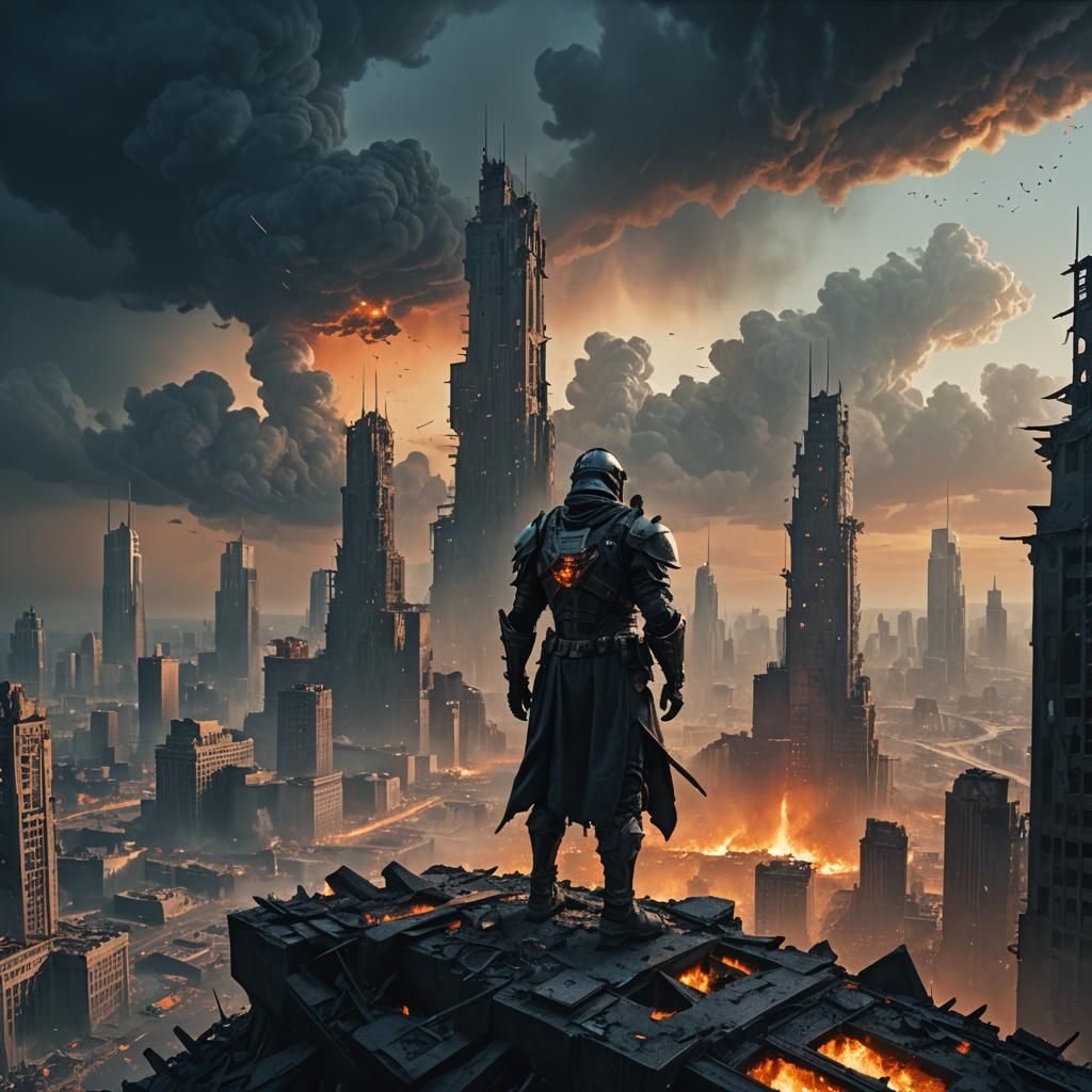 Apocalyptic Armored Figure in Smoldering Cityscape