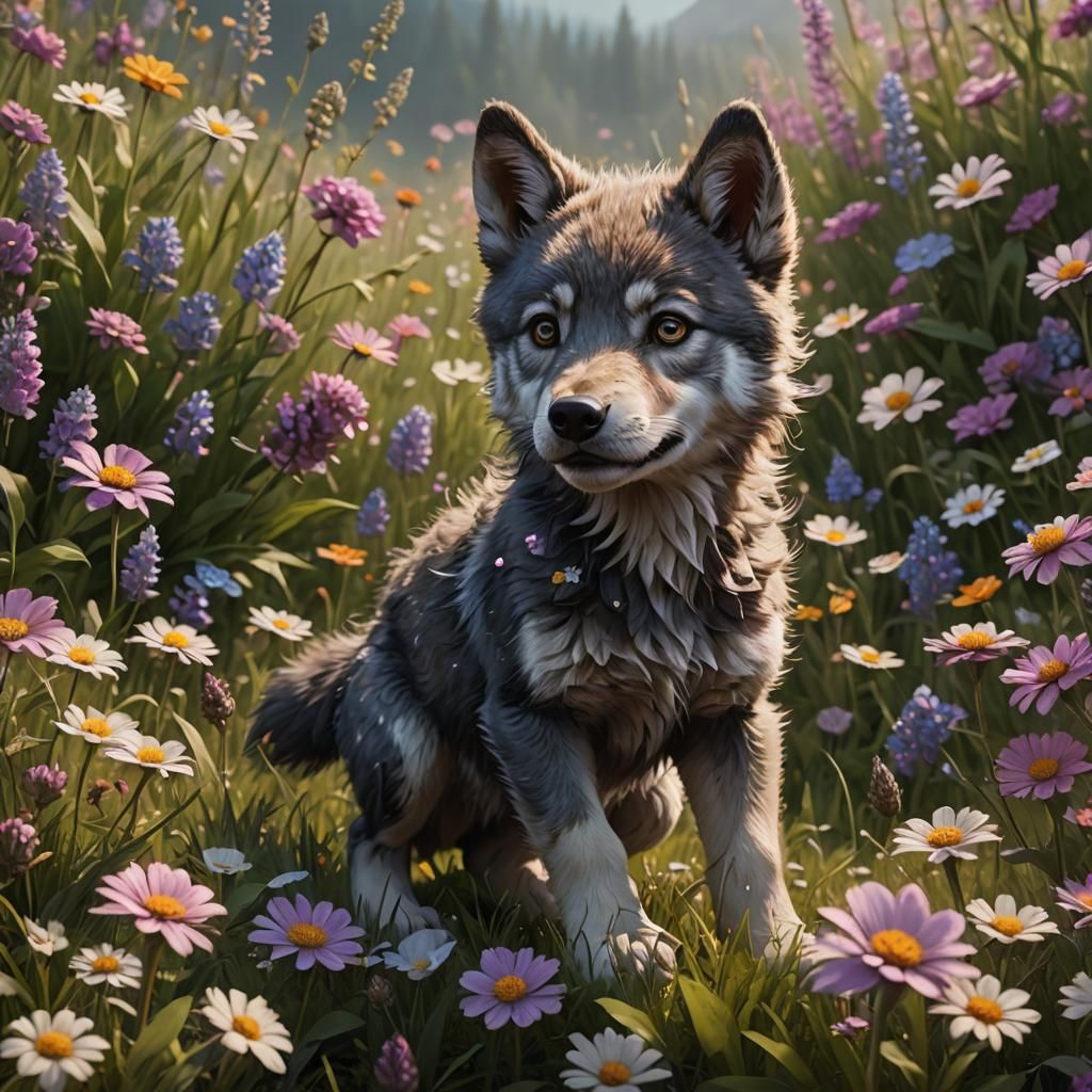Cute Baby Wolf in Flowery Meadow